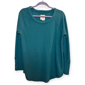 Chaser Size L Teal Waffle Knit Long Sleeve Thermal Crew Neck Button Sleeve Top